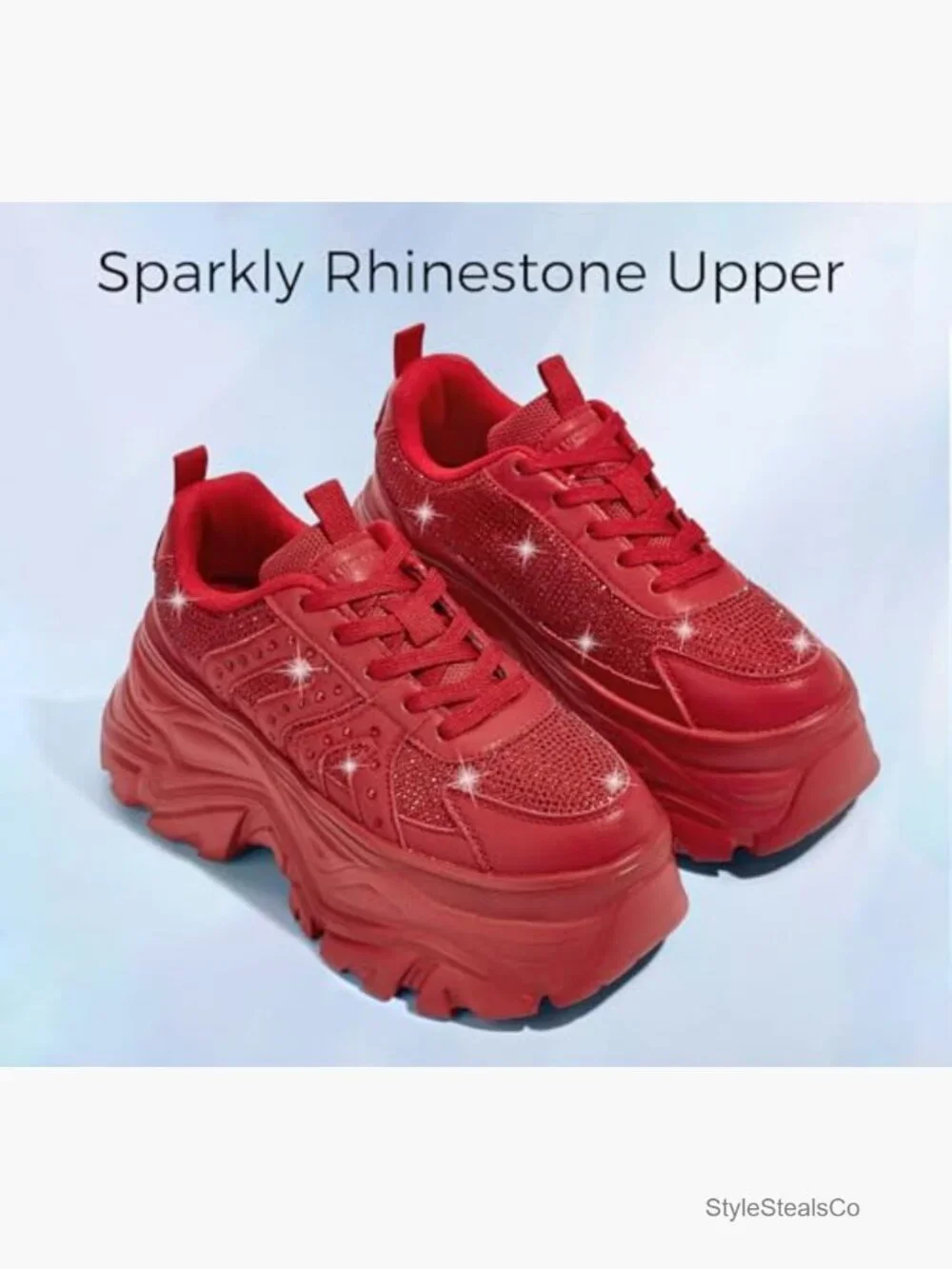 Rhinestone Chunky Platform Sneakers, 3.74 Inch Heel, Lace-Up Walking Shoes - Picture 2 of 7